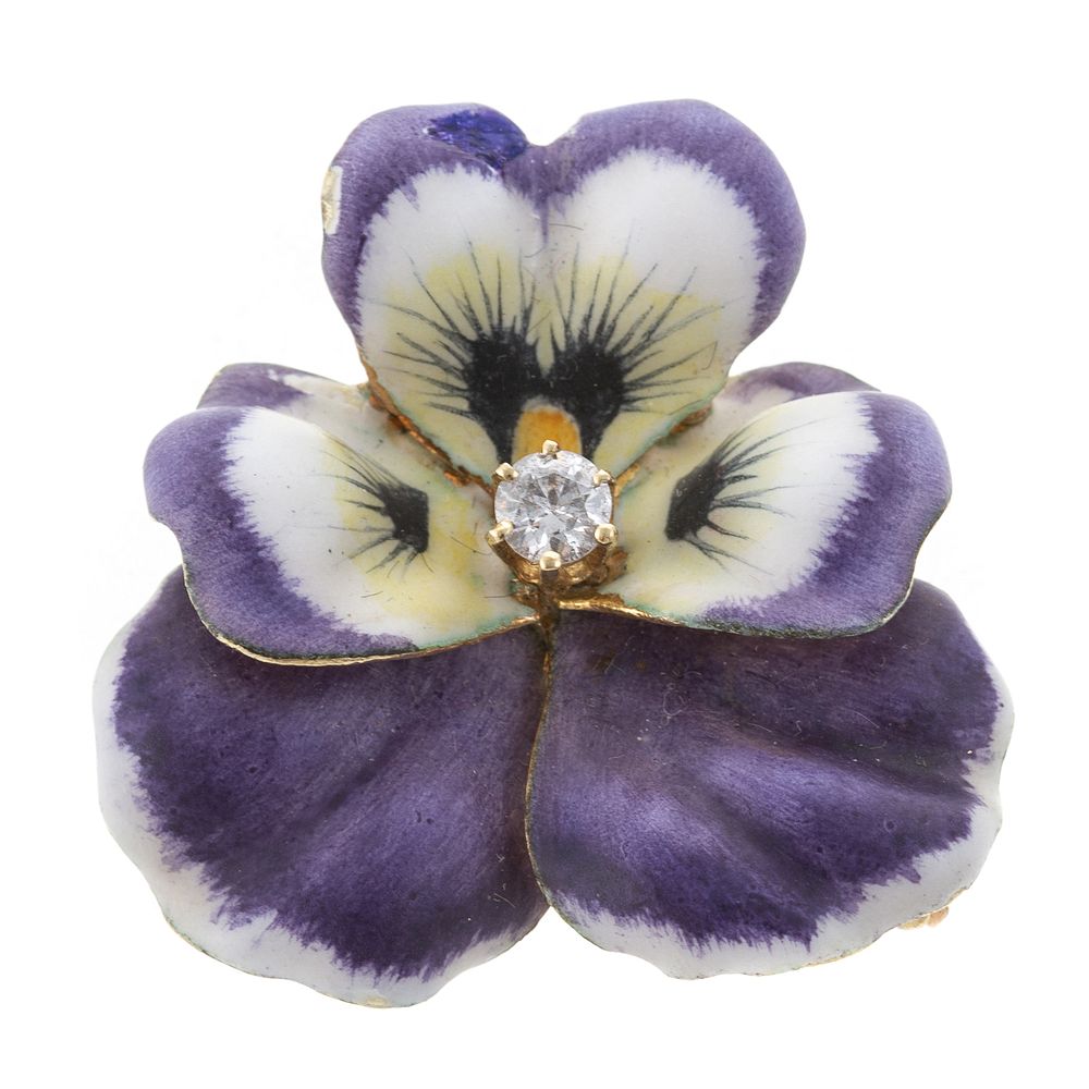 Appraisal: A Purple Enamel Pansy Pin with Diamond in K K