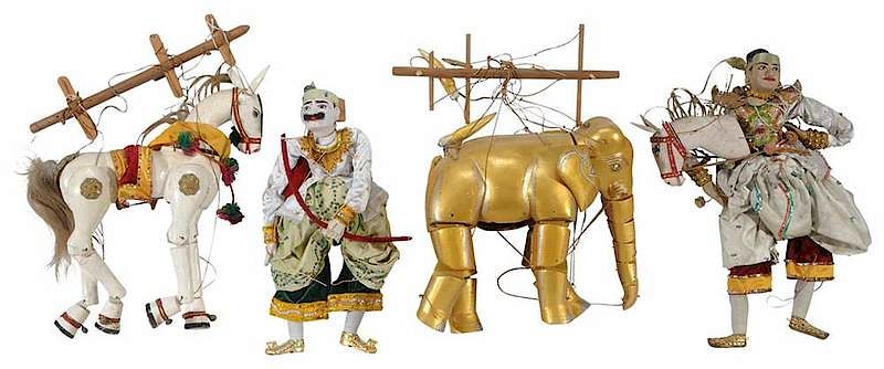 Appraisal: Four Yoke Th Marionette Puppets Burmese th century each articulated