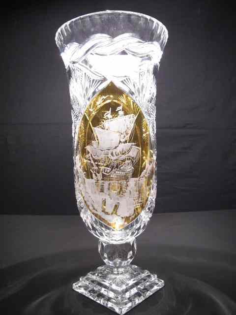 Appraisal: Large ornate cut crystal centerpiece vase with amber color highlights