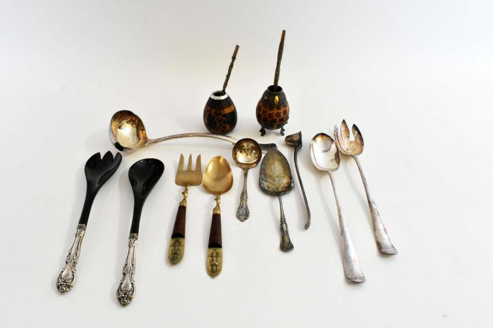 Appraisal: MISCELLANEOUS SILVER AND SILVER PLATE UTENSILSComprising a pair of composition