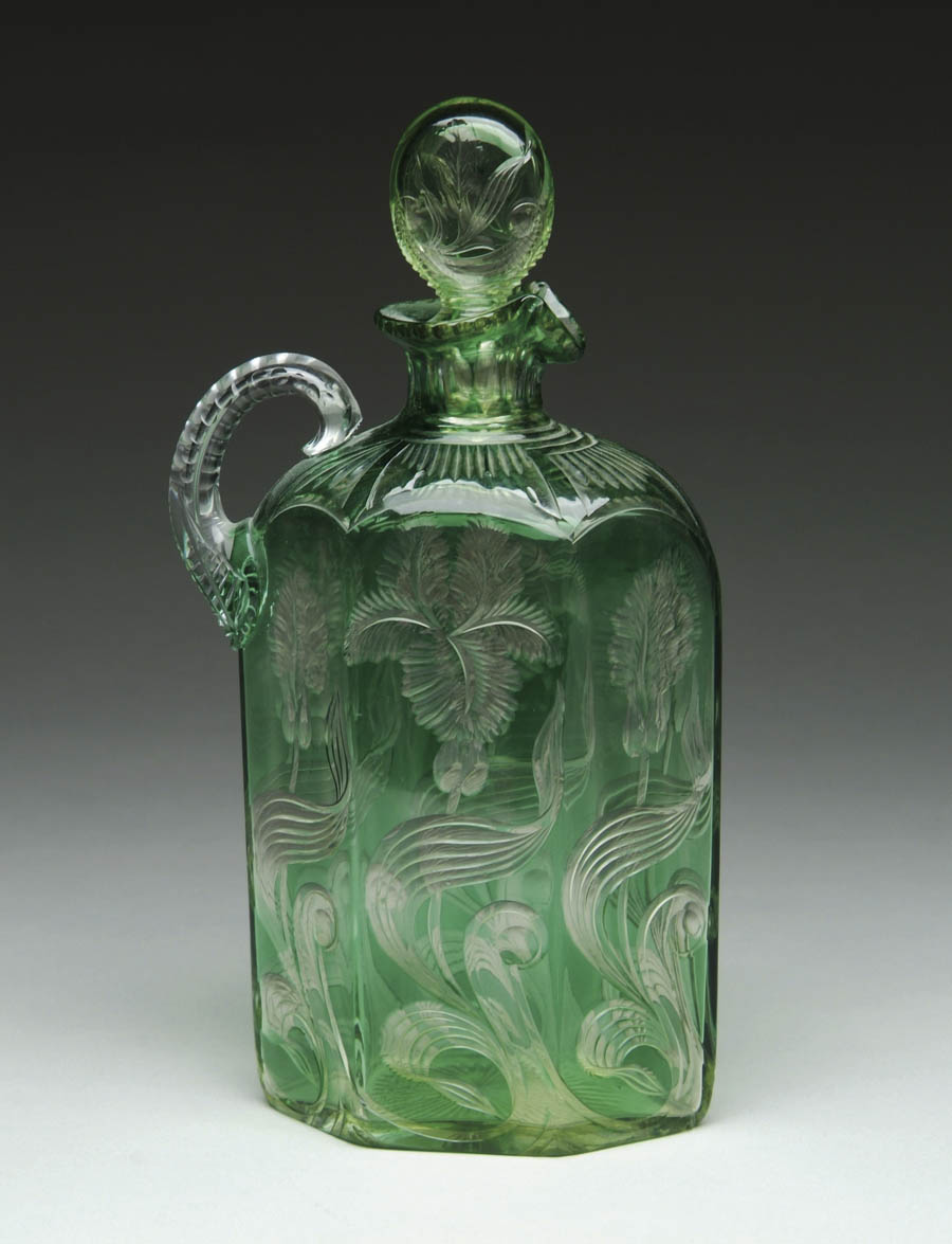 Appraisal: GREEN OVERLAY DECANTER Green cut to clear decanter with a