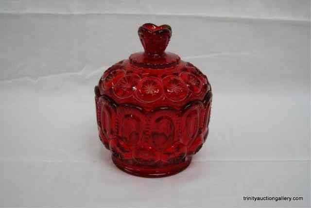 Appraisal: Vintage Moon Stars Ruby Red Glass Candy JarFrom the estate