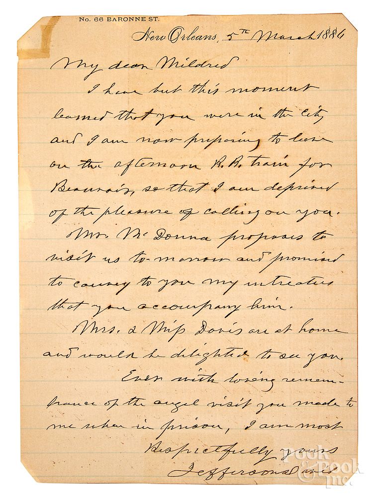 Appraisal: Jefferson Davis signed hand written letter Jefferson Davis signed hand