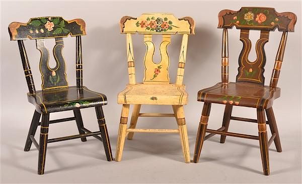 Appraisal: Boot-jack back Decorated Child's Chairs Three Vintage Boot-jack back Paint