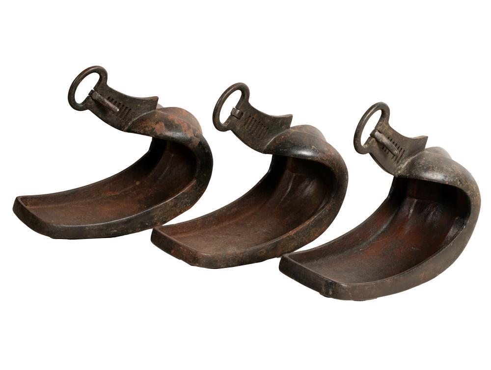 Appraisal: THREE SAMURAI WARRIOR BATTLE HORSE STIRRUPS ABUMI iron in traditional