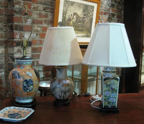 Appraisal: THREE CHINESE TABLE LAMPS Including one tapering square yellow ground