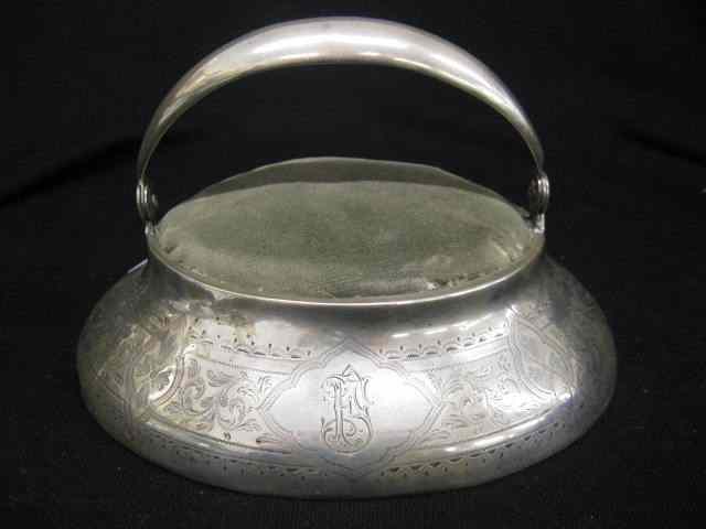 Appraisal: European Silver Pin Cushion with swing handle oval marked fine