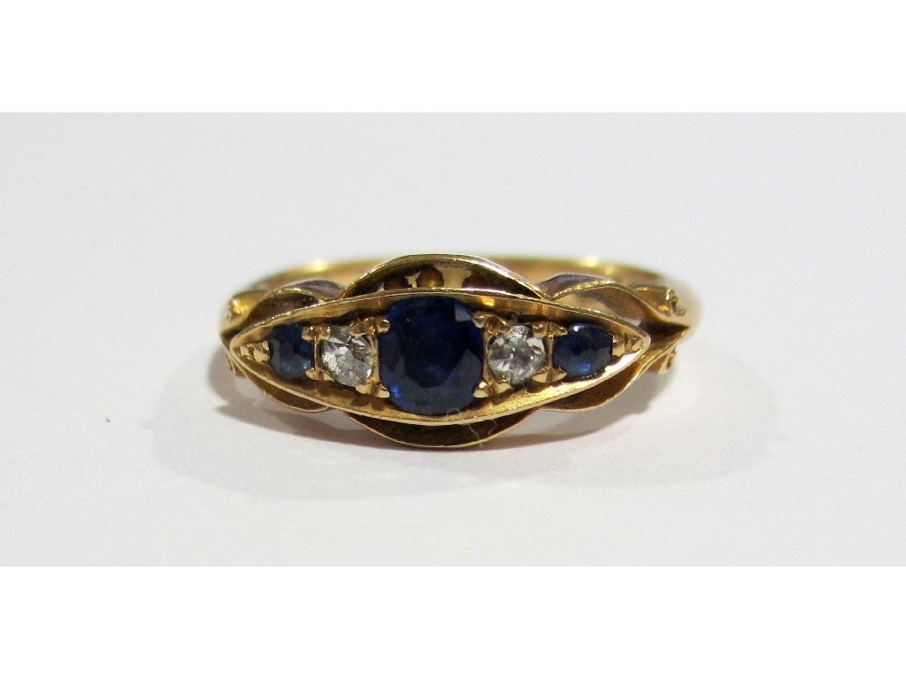 Appraisal: An Edwardian sapphire and diamond five stone ring the cushion