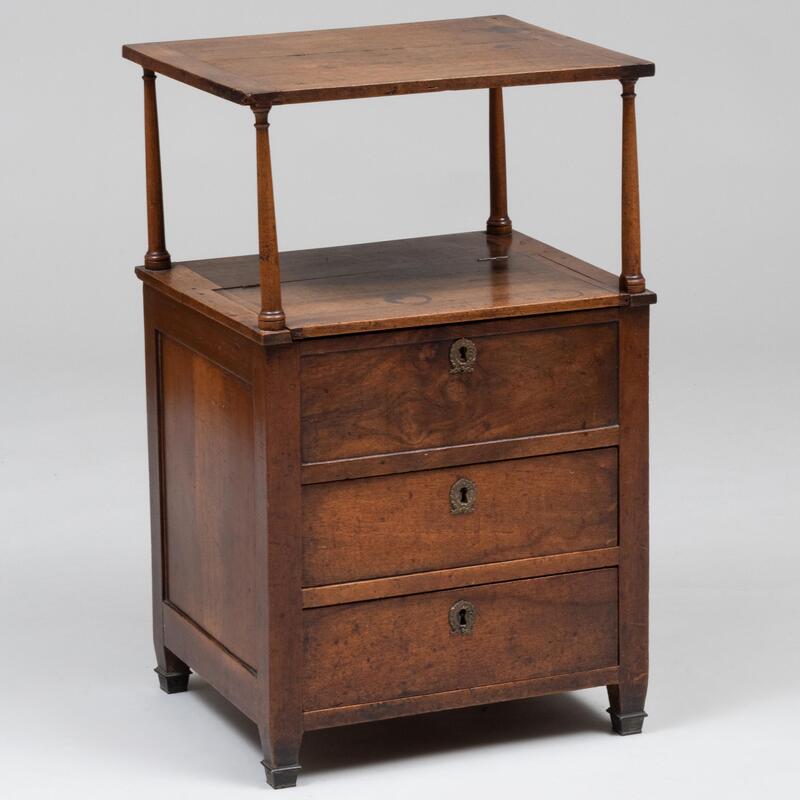 Appraisal: French Provincial Faded Mahogany Bedside Table Fitted with a hinged