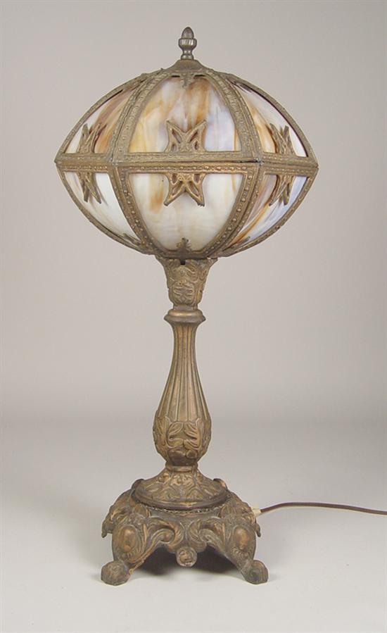 Appraisal: Unusual Spelter Filigree Slag Glass Lamp Early th Century Unusual