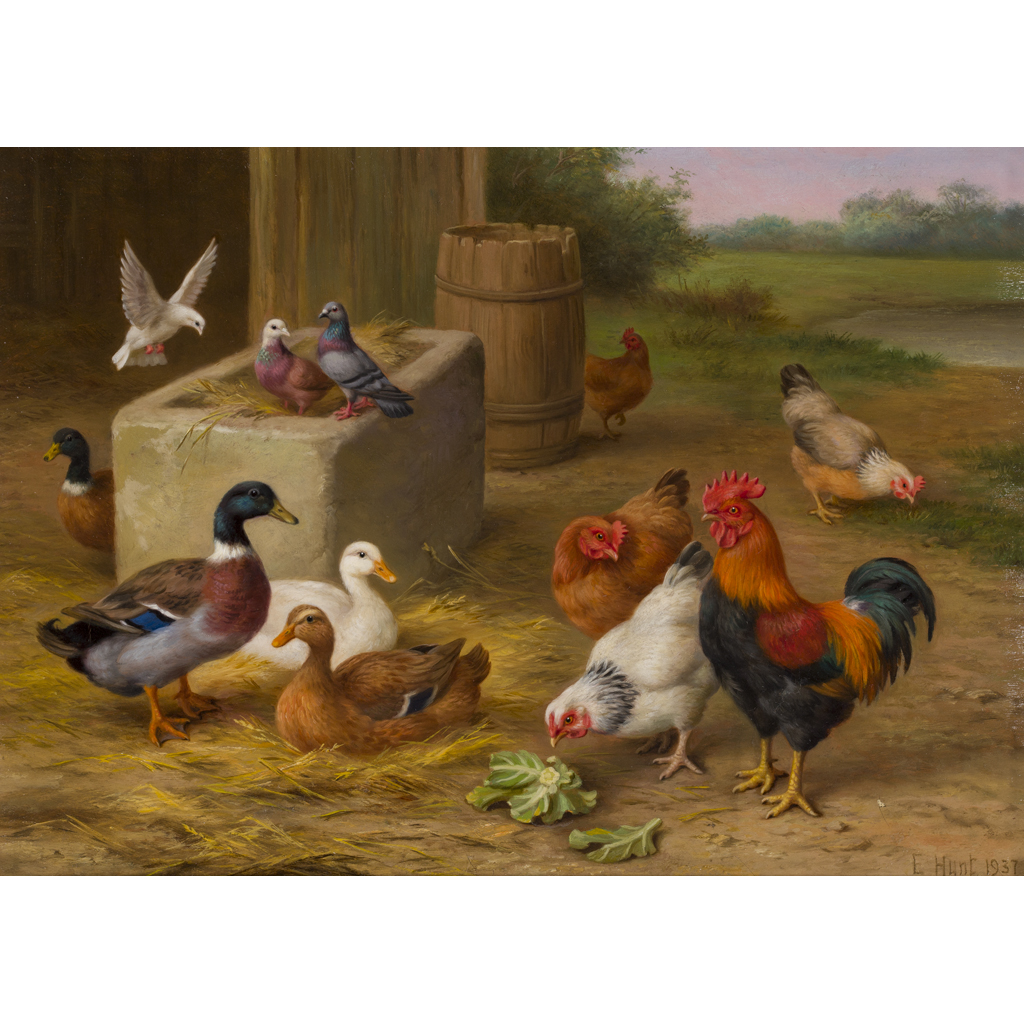 Appraisal: EDGAR HUNT BRITISH - HENS PIGEONS AND DUCK IN A