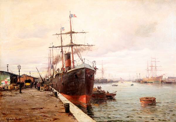 Appraisal: Grasset French active - A busy harbor with a steamship