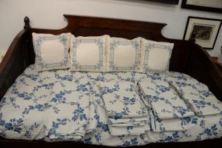 Appraisal: Five custom embroidered coverlets with blue floral design ' x