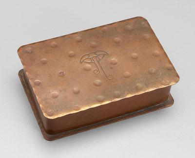 Appraisal: Roycroft hammered copper box lid with floral and scroll motif