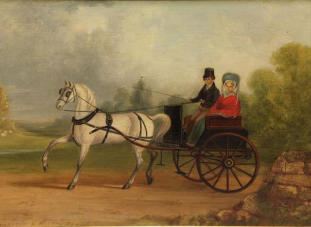 Appraisal: th C Oil on Wood Panel Couple in a Horse-DrawnCarriage