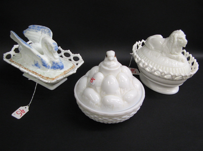 Appraisal: THREE WHITE MILK GLASS COVERED DISHES including the Swan with