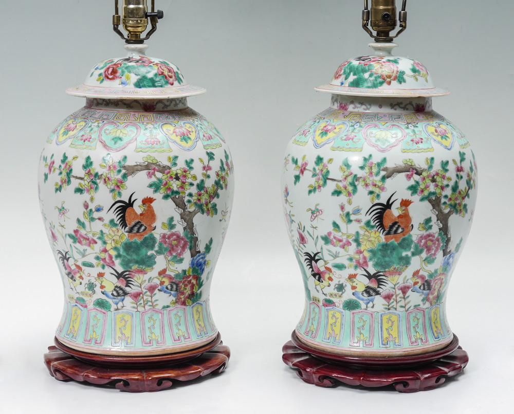 Appraisal: PAIR CHINESE CERAMIC LAMPS Rose medallion ginger jars with hen