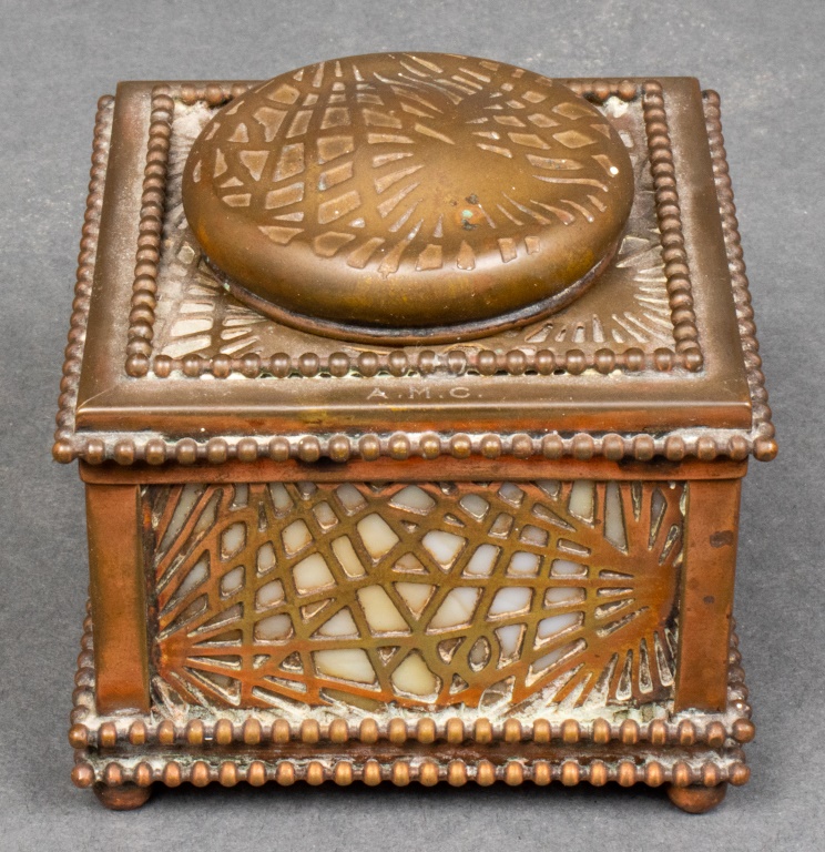 Appraisal: TIFFANY STUDIOS PINE NEEDLE BRONZE INKWELL Tiffany Studios bronze inkwell