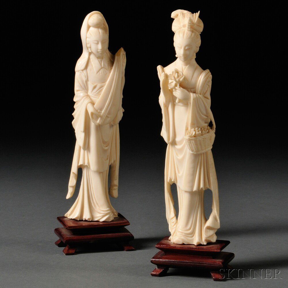 Appraisal: Two Figural Carvings of Women China one holding a lute