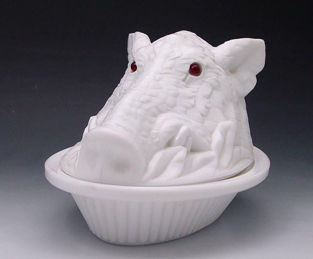 Appraisal: ATTERBURY BOARS HEAD COVERED ANIMAL DISH Opaque white milk glass