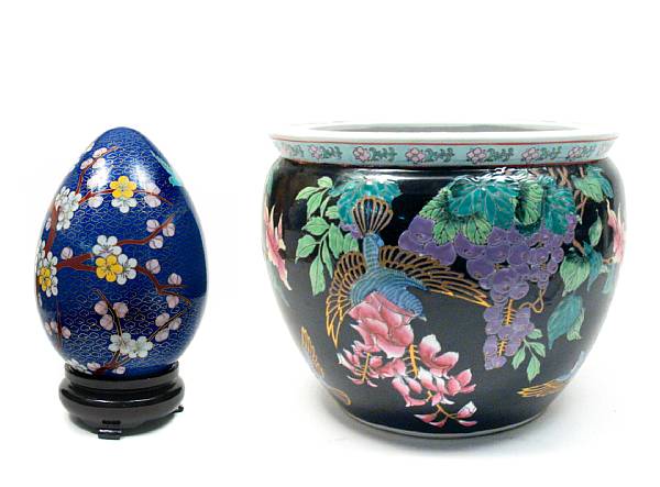 Appraisal: A large cloisonne egg together with a contemporary Chinese jardiniere