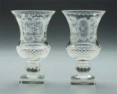 Appraisal: Pair brilliant cut and etched urns diamond crosshatch decoration under