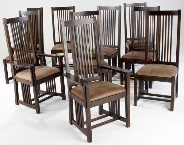 Appraisal: CONTEMPORARY ARTS CRAFTS Set of ten reproduction spindle-back dining chairs