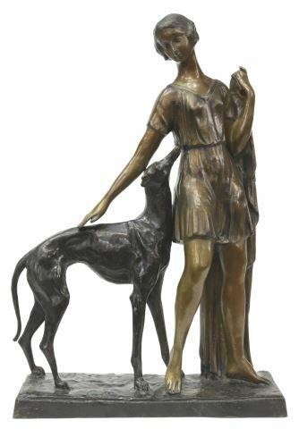 Appraisal: Art Deco patinated bronze sculpture Woman with Greyhound signed in