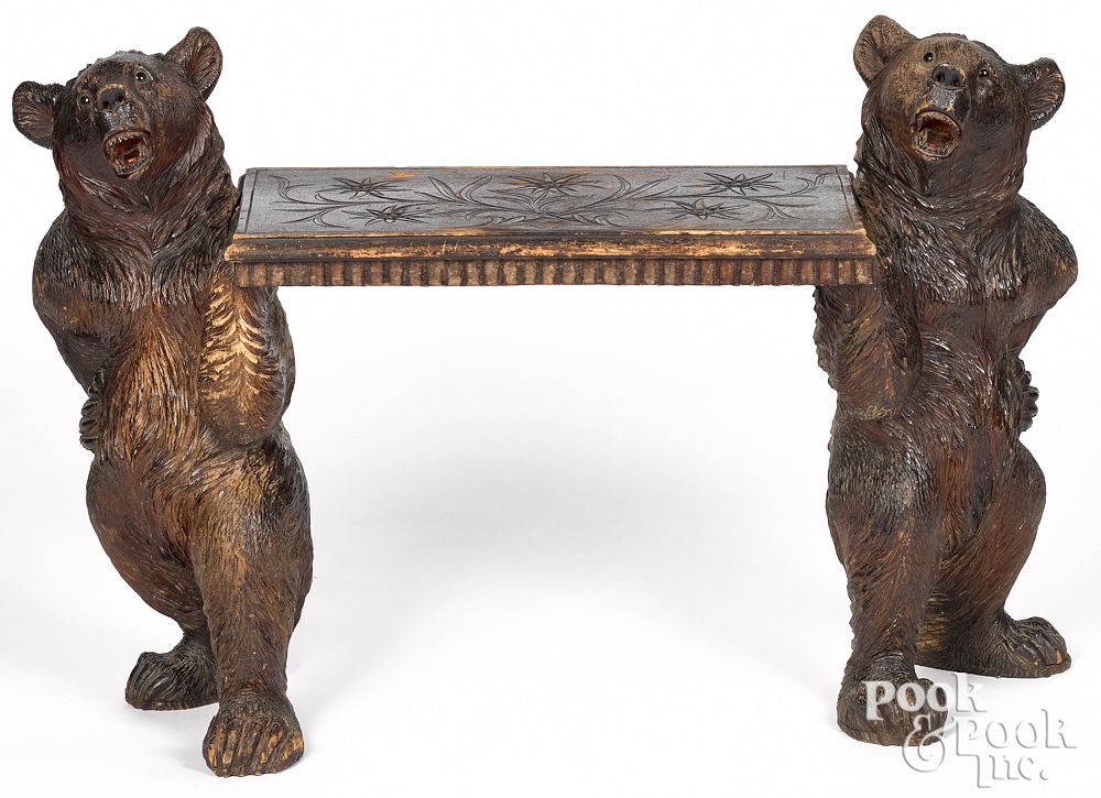 Appraisal: Black Forest carved bear bench ca with opp Black Forest