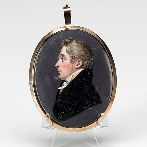 Appraisal: MINIATURE PORTRAIT ON IVORYMother of pearl backing under glass with