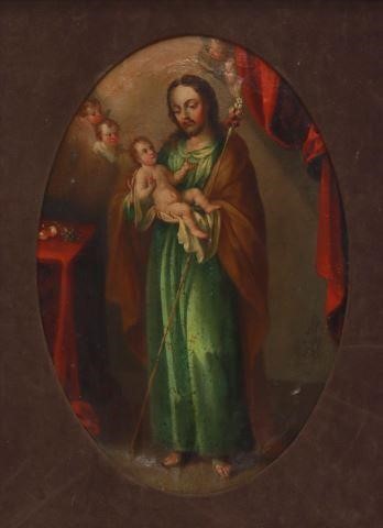 Appraisal: Framed oil on canvas painting Saint Joseph depicted holding the