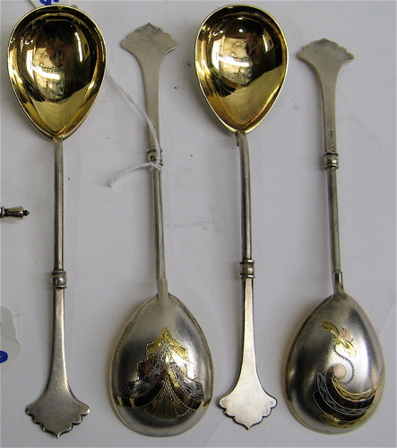 Appraisal: FOUR RUSSIAN HALLMARKED STERLING SILVER BORSCHT SPOONS having gilt interior