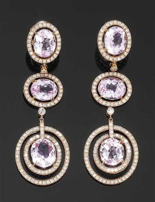 Appraisal: KUNZITE AND BRILLIANT-CUT DIAMOND PENDANT EARRINGS Ros gold Elegant long