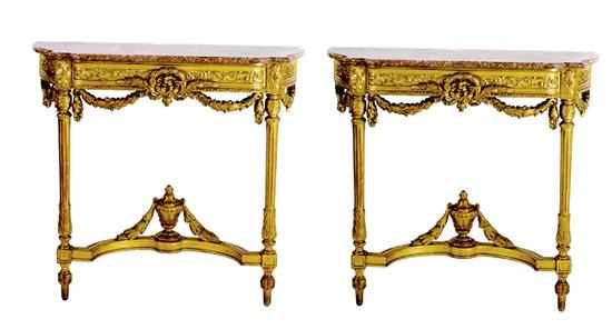 Appraisal: Pair Louis XVI style carved giltwood consoles th century shaped