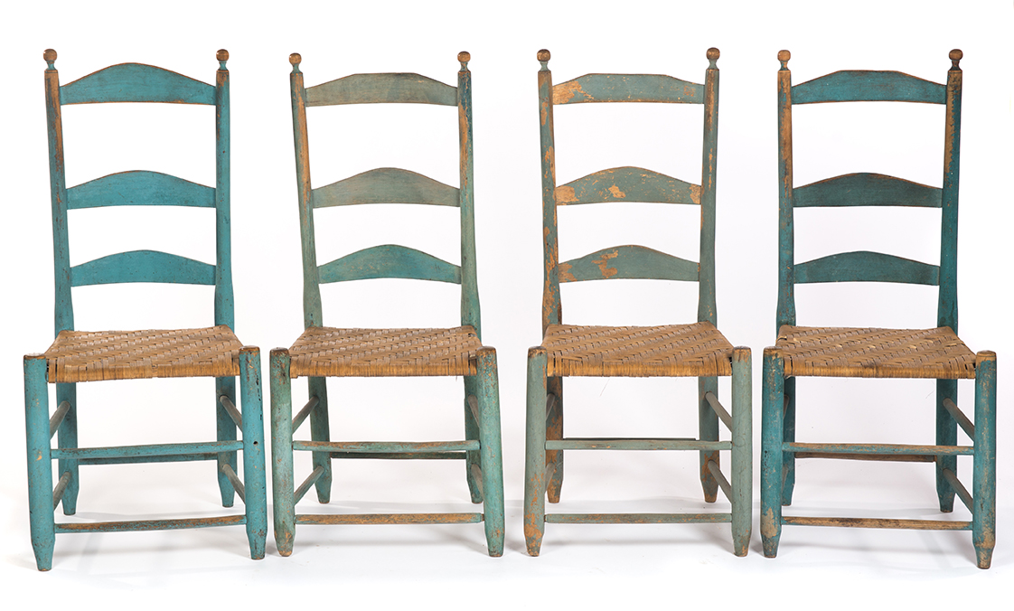 Appraisal: FOUR SOUTH UNION SHAKER LADDERBACK SIDE CHAIRS Kentucky nd half-