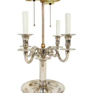 Appraisal: A French Silvered Brass Four-Arm Bouillotte Lamp with a Tole