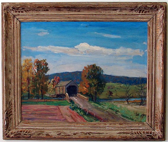 Appraisal: Covered Bridge at Perkasie PA oil on masonite x SLL