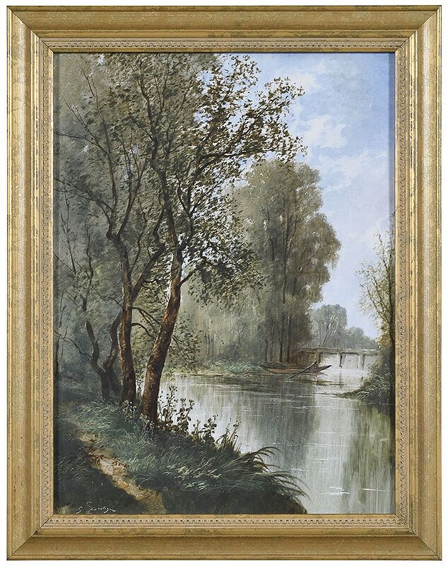 Appraisal: Painted Porcelain Plaque early th century river landscape scene with