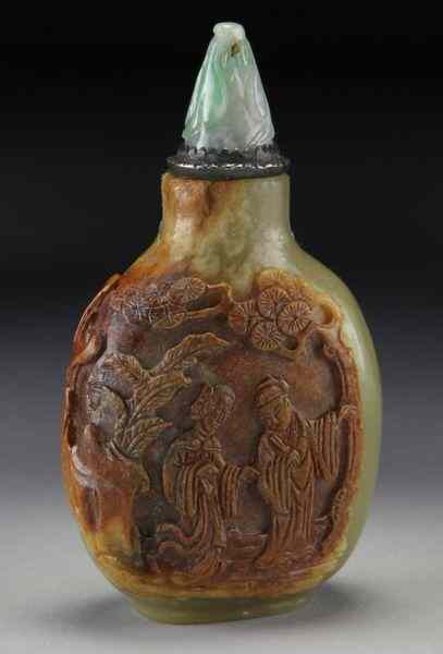 Appraisal: Chinese Qing carved yellow jade snuff bottledepicting two figures in