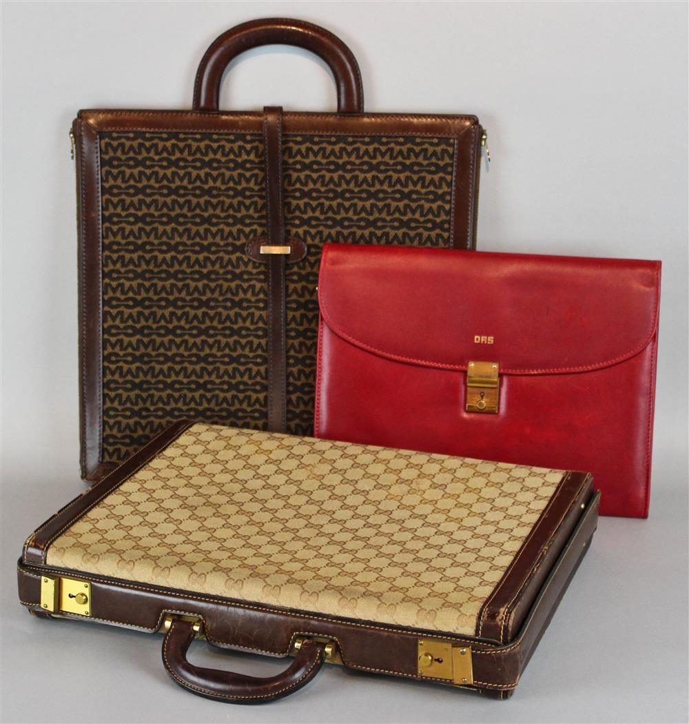 Appraisal: THREE VINTAGE DESIGNER CASES including a Gucci leather-bound hard-sided brief