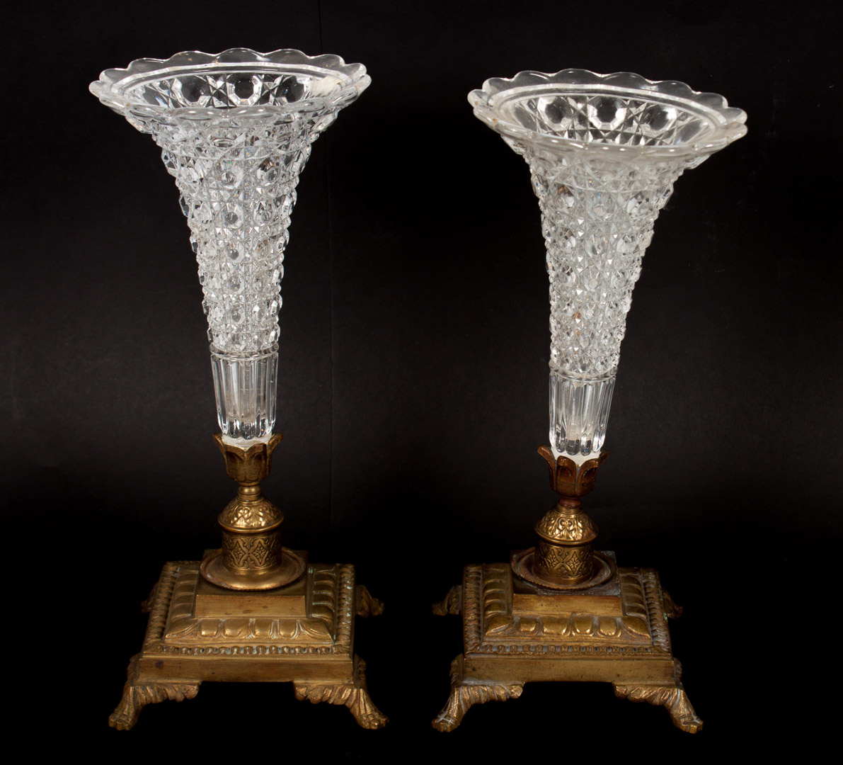 Appraisal: Pair of Victorian pressed glass brass bud vases early th