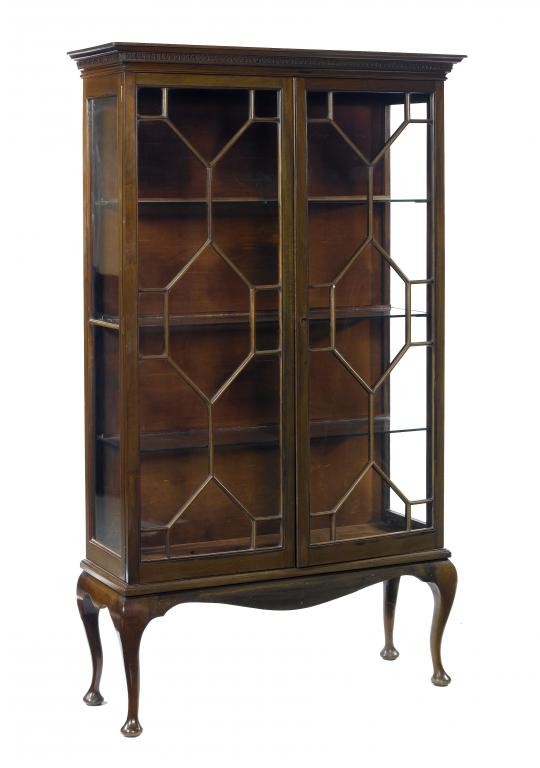 Appraisal: A WALNUT CABINET with Greek Key cornice fitted with glass