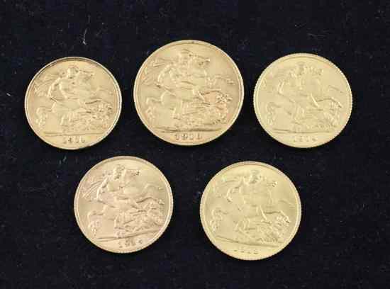 Appraisal: A gold sovereign and four half sovereigns and two Estimate