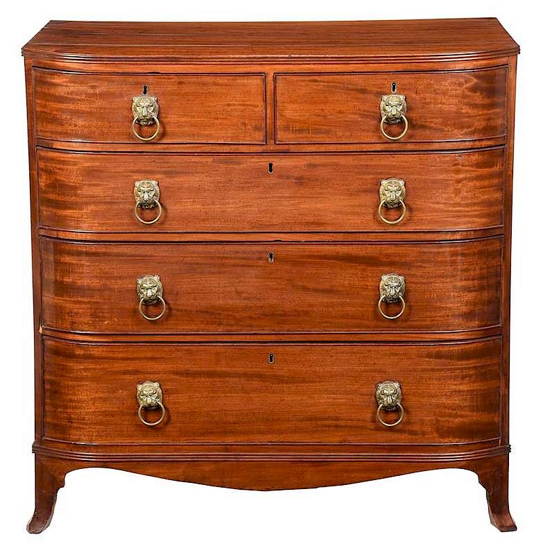 Appraisal: Regency Figured Mahogany Bowfront Chest early th century curved front