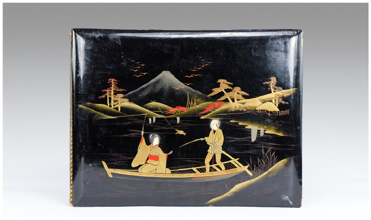 Appraisal: Japanese Black Lacquered Photograph Album with silk pages painted with