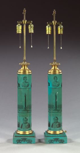 Appraisal: Attractive Pair of French Columnar Black Lithographed Blue Table Lamps