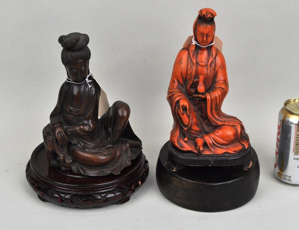 Appraisal: Two Seated Guanyin Figures on Wood Stands Largest high wide