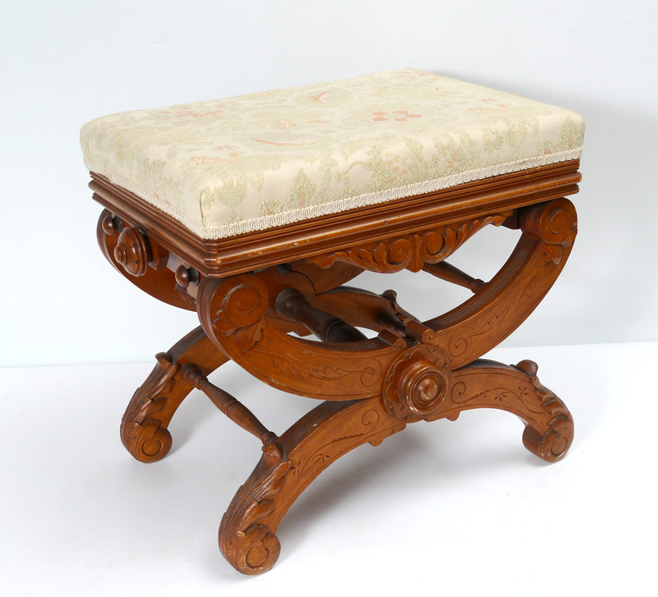 Appraisal: VICTORIAN ADJUSTABLE X FRAME PIANO STOOL Carved frame and adjustable