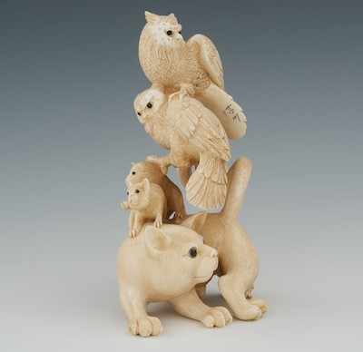 Appraisal: A Carved Ivory Figural Group of Animals Chinese An owl