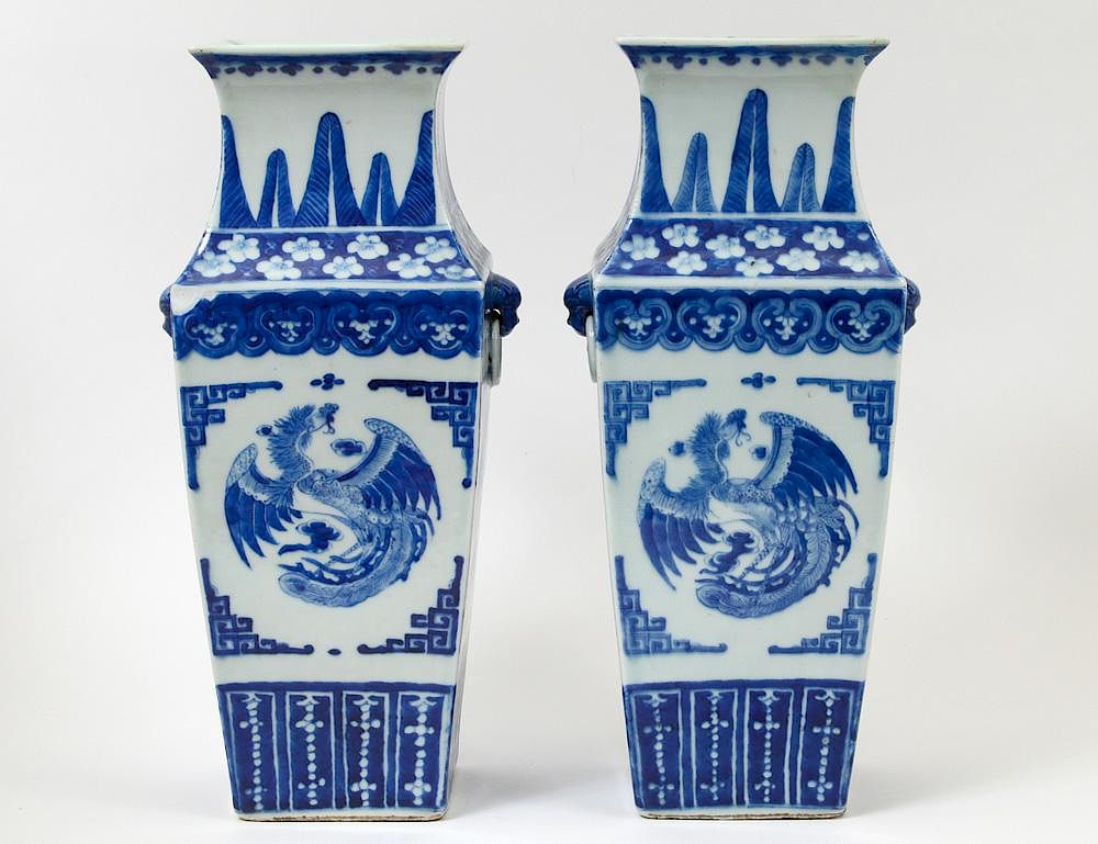 Appraisal: PAIR OF BLUE AND WHITE PORCELAIN VASES Chinese Each of